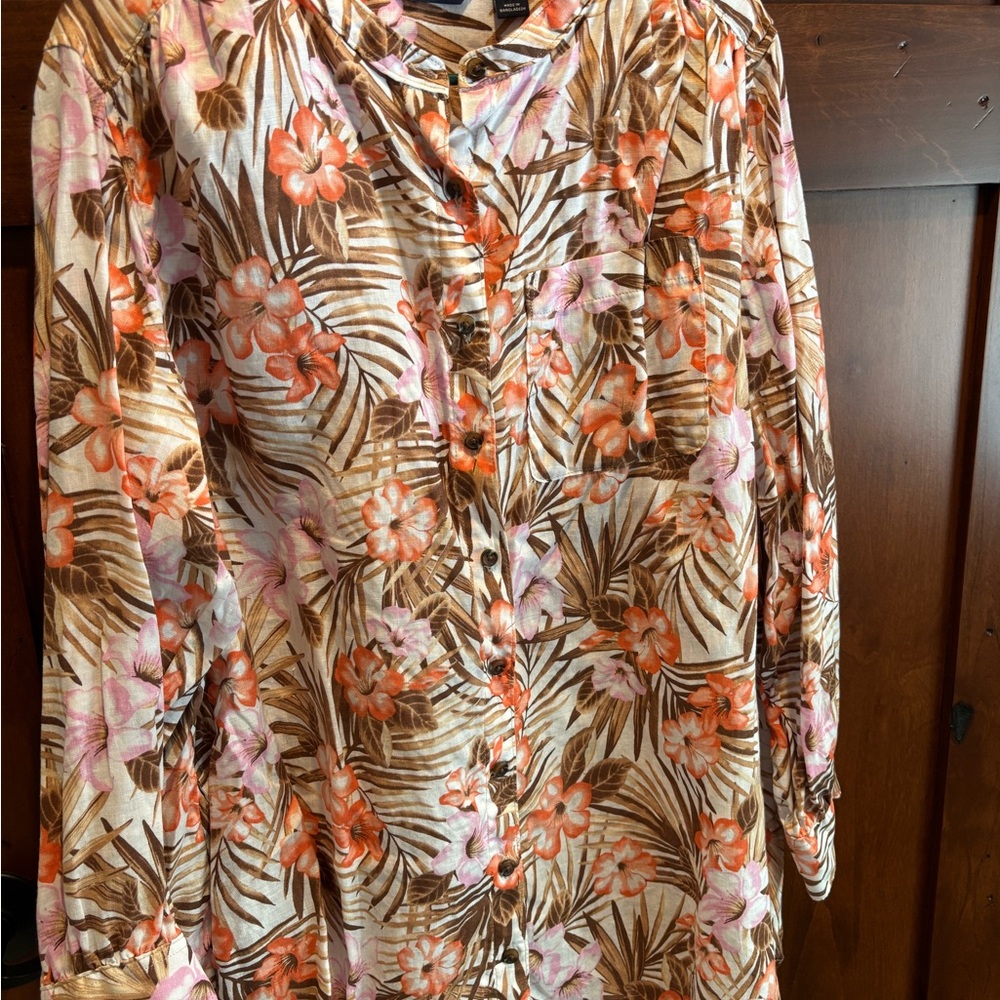Lands' End Tropical Floral Shirt - Pink and Brown